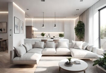 Clean and bright living space with modern furnishings, Contemporary white on white interior design, Minimalist white living room with sleek furniture.