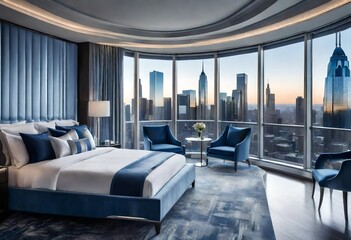 Bedroom overlooking city lights against dark night sky, Cityscape visible from bedroom with illuminated skyline, Bedroom with panoramic city view through window at night.