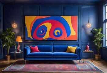 Relaxing ambiance with blue sofa and striking artwork, Cozy blue couch framed by captivating wall art, Vibrant living room with colorful painting above blue couch.  