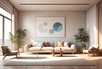 Contemporary living space with white décor and oversized painting, Sleek modern room with white furniture and statement artwork, Minimalist living room with white furnishings and abstract art.