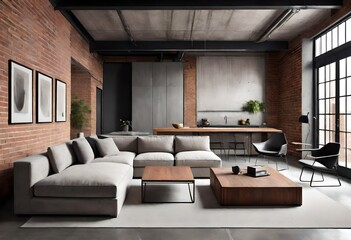 Sleek sectional sofa in a trendy living room with exposed brick walls, Chic living space with contemporary sectional sofa and industrial brick backdrop, Stylish modern living room with cozy sectional.