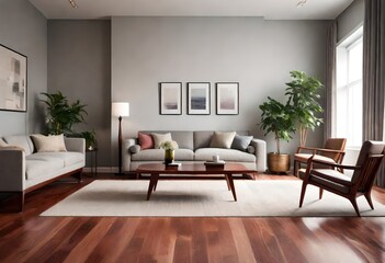 Chic living space adorned with grey walls and classic wooden floors, Stylish interior with grey walls and sleek wooden flooring, Cozy living room with grey walls and warm wooden floors.
