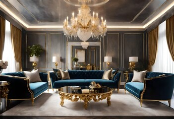 Opulent blue and gold themed living space with exquisite chandelier, Luxurious décor in blue and gold tones with ornate chandelier, Elegant blue and gold living room with chandelier.