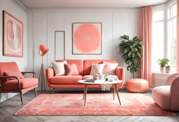 Inviting pink sofa in a trendy living space, Relaxing space with a stylish pink couch, Pink-themed living room with cozy vibes.