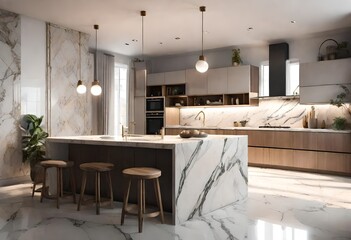 Chic kitchen with marble surfaces and fashionable barstools, Modern kitchen design featuring elegant marble counters and trendy seating, Sleek marble countertops and contemporary stools.