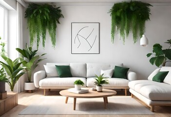 Modern minimalist living room with pops of vibrant green plants against a backdrop of white furniture, A serene living room adorned with lush green plants and elegant white furniture.
