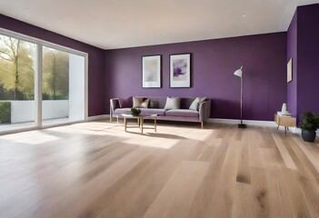 Contemporary living room featuring purple walls and wood floors, Relaxing space with purple hues and earthy wooden textures, Stylish interior with purple accents and wooden flooring.
