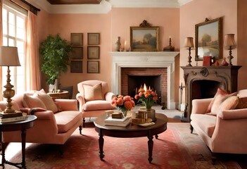 Coordinated pink color scheme in a cozy living room setup, Tranquil pink living space with cozy furnishings, Chic pink-themed lounge with modern furniture.