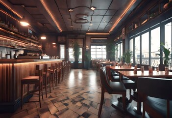Charming restaurant setting with natural wood accents, Inviting eatery featuring wooden décor elements, Warm ambiance with wooden floors and bar stools.