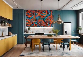 Colorful wall art in modern kitchen, Playful blue and yellow kitchen décor, Vibrant kitchen with whimsical mural.  