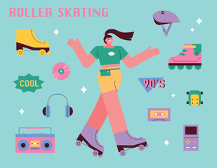 A set of roller skating girls and roller skating objects. flat design style vector illustration. - 772645648