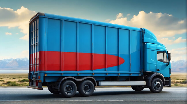 A striking blue truck with red detailing is captured traveling on a highway, set against a serene mountain backdrop, representing transportation and logistics