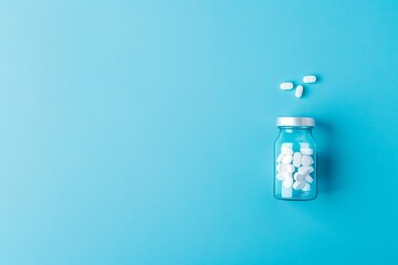 Capsules medicines in a glass bottle on a blue background