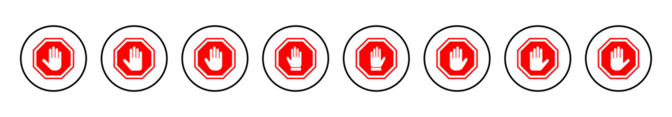 Obraz premium Stop icon vector illustration. stop road sign. hand stop sign and symbol. Do not enter stop red sign with hand