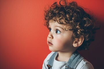 Portrait of a cute little boy with curly hair on a red background