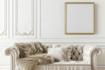 Interior design with white couch, picture frame on wall