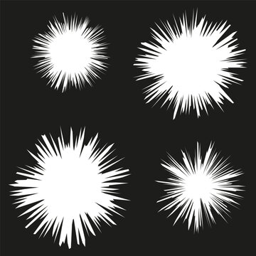 Set of white starbursts. Explosion or sparkle symbols. Radiating lines elements. Vector illustration. EPS 10.