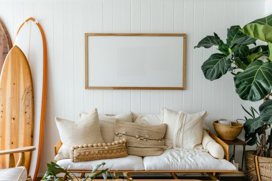 Cozy living room with a couch, surfboards, plant, and picture frame on the wall