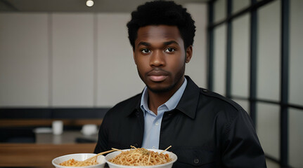 Waist up portrait of Black young man as detective eating takeout noodles in office and looking at camera.generative.ai - obrazy, fototapety, plakaty