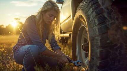 A concentrated blonde woman in casual attire repairs her pickup truck by the roadside, bathed in the warm glow of the late afternoon sun.