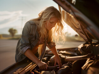 A concentrated blonde woman in casual attire repairs her pickup truck by the roadside, bathed in the warm glow of the late afternoon sun. - obrazy, fototapety, plakaty