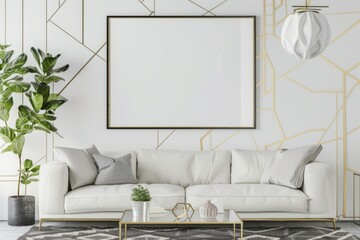 A white couch, picture frame in a living room with plant