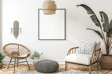a living room with a wicker chair , ottoman , plant and a picture frame on the wall - obrazy, fototapety, plakaty