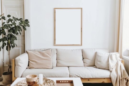 A living room with a couch and a picture frame on the wall