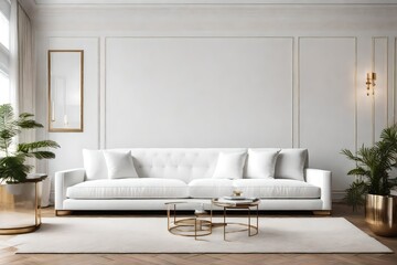 Chic white couch complemented by gold elements, Modern white sofa with stylish gold details, Elegant living room with white couch and gold accents.