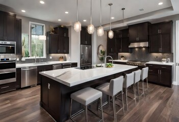 Sophisticated kitchen with central island and dark cabinetry, Sleek kitchen featuring dark wood cabinets and island, Elegant kitchen with dark wood cabinets and island.
