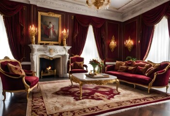 Fototapeta na wymiar Stylish living space with vibrant red and warm gold accents, Elegant home décor featuring a striking red and gold color palette, Luxurious red and gold living room with a cozy fireplace.