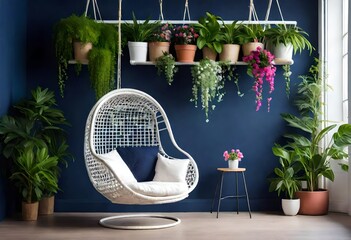 Tranquil setting with suspended chair and leafy wall display, Relaxation spot with hanging chair and botanical décor, Cozy corner with hanging chair and lush greenery.