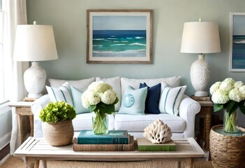 Elegant blue and white living room arrangement, Serene blue and white themed living room, Cozy blue and white interior design in a living space.