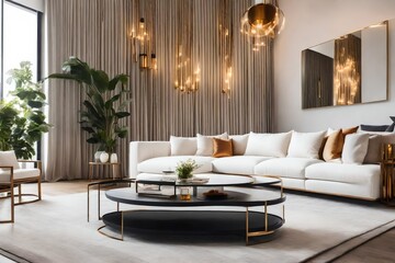 Contemporary home design with white furnishings and gold touches, Stylish interior with white furniture and luxurious gold accents, Elegant white and gold themed modern living room.