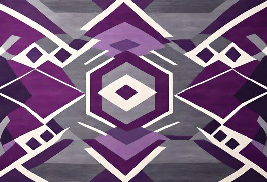 Dynamic composition of purple and grey shapes in an art piece, Intricate abstract design in shades of purple and grey, Bold purple and grey geometric patterns on canvas.