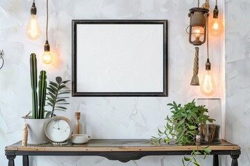 a picture frame is hanging on a wall above a table with potted plants and a clock