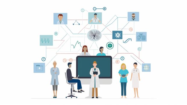 Health Information Exchange (HIE), the exchange of health information between healthcare providers with an image depicting seamless sharing of patient records across healthcare networks, AI.  illustra
