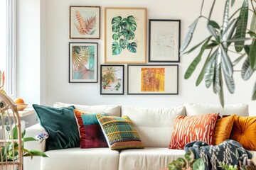 Interior design with white studio couch, green plant, and yellow pillows