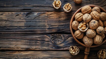 Wooden background with walnuts and nutcracker on the table


