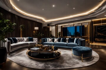Grand living room décor with a regal touch of gold and blue elements, Opulent gold and blue décor in a stylish living space, Luxurious gold and blue themed living room with elegant furniture.