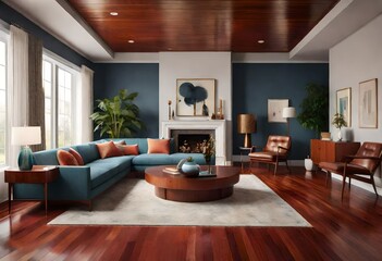 Tranquil living space featuring stylish blue furnishings and wooden accents, Blue-themed lounge with chic furniture set on classic hardwood floors, A cozy living room with blue furniture on hardwood.