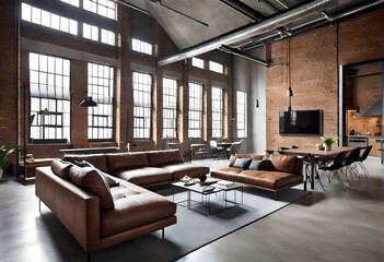 Industrial interior design with cozy leather furniture and expansive windows, A room featuring industrial décor, leather furniture, and floor-to-ceiling windows.