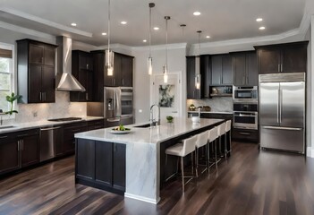 Chic black and stainless steel kitchen décor, Elegant kitchen design with black cabinets and stainless steel appliances, Sleek black cabinets and stainless steel appliances in modern kitchen.