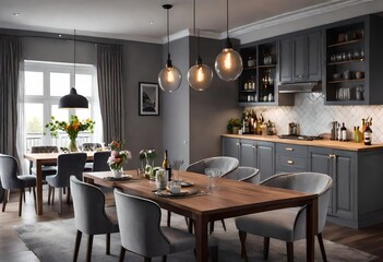 Sophisticated dining space with coordinated grey furnishings, Stylish dining area featuring grey cabinets and chairs, Modern grey dining room with sleek cabinets and chairs.