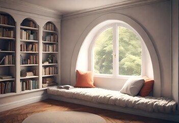 Relaxing space with books and a view, Sunlit room with inviting reading corner, Bookshelves lining a tranquil window seat.  