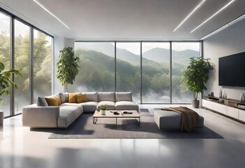 Sunlight streaming into modern mountain view living room, Light-filled modern living area overlooking mountains, Large windows framing majestic mountain landscape. - obrazy, fototapety, plakaty