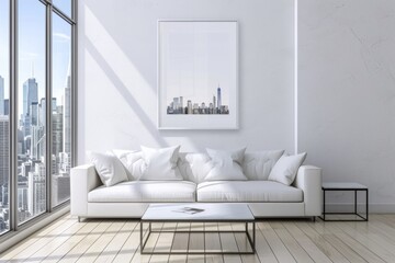 Interior design with white couch, coffee table, and large windows in living room