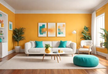 Fototapeta na wymiar Bright and inviting living space with yellow wall accents, Modern white décor set against cheerful yellow walls, Sunny yellow living room with elegant white furniture.