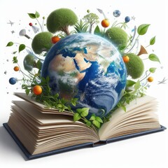 World book day, earth comes out of a book isolated on a white background