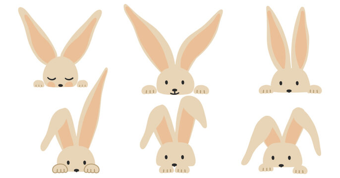 Cartoon rabbit set. Cute peeking bunny elements with paws, ears and faces. Easter funny bunnies muzzle and head. Kids style hares collection. Isolated vector illustration on white background 